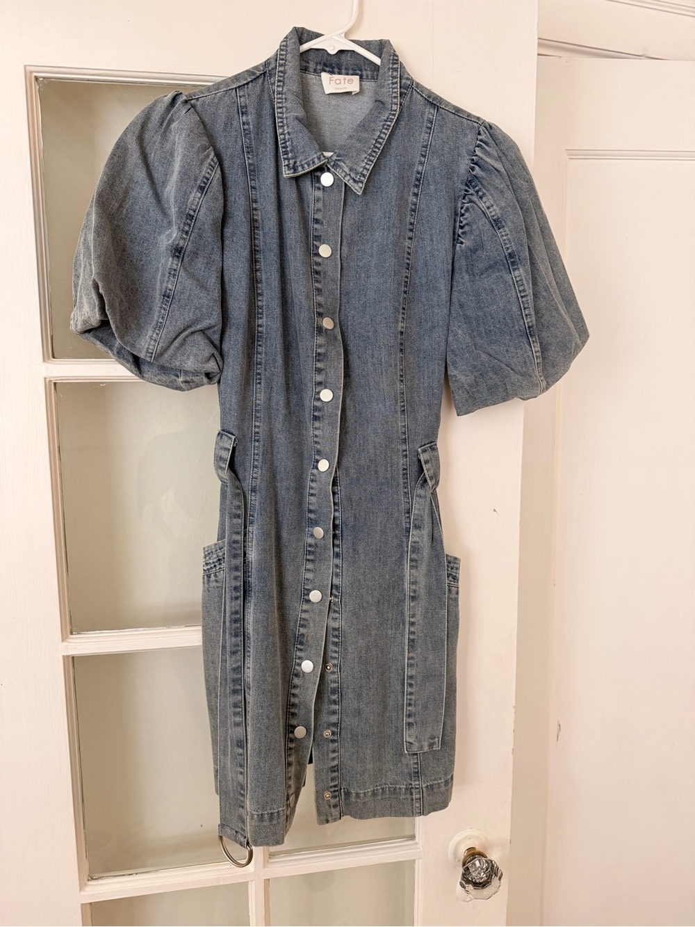 Fate Light Blue Denim Button-Front Midi Dress with Puff Sleeves